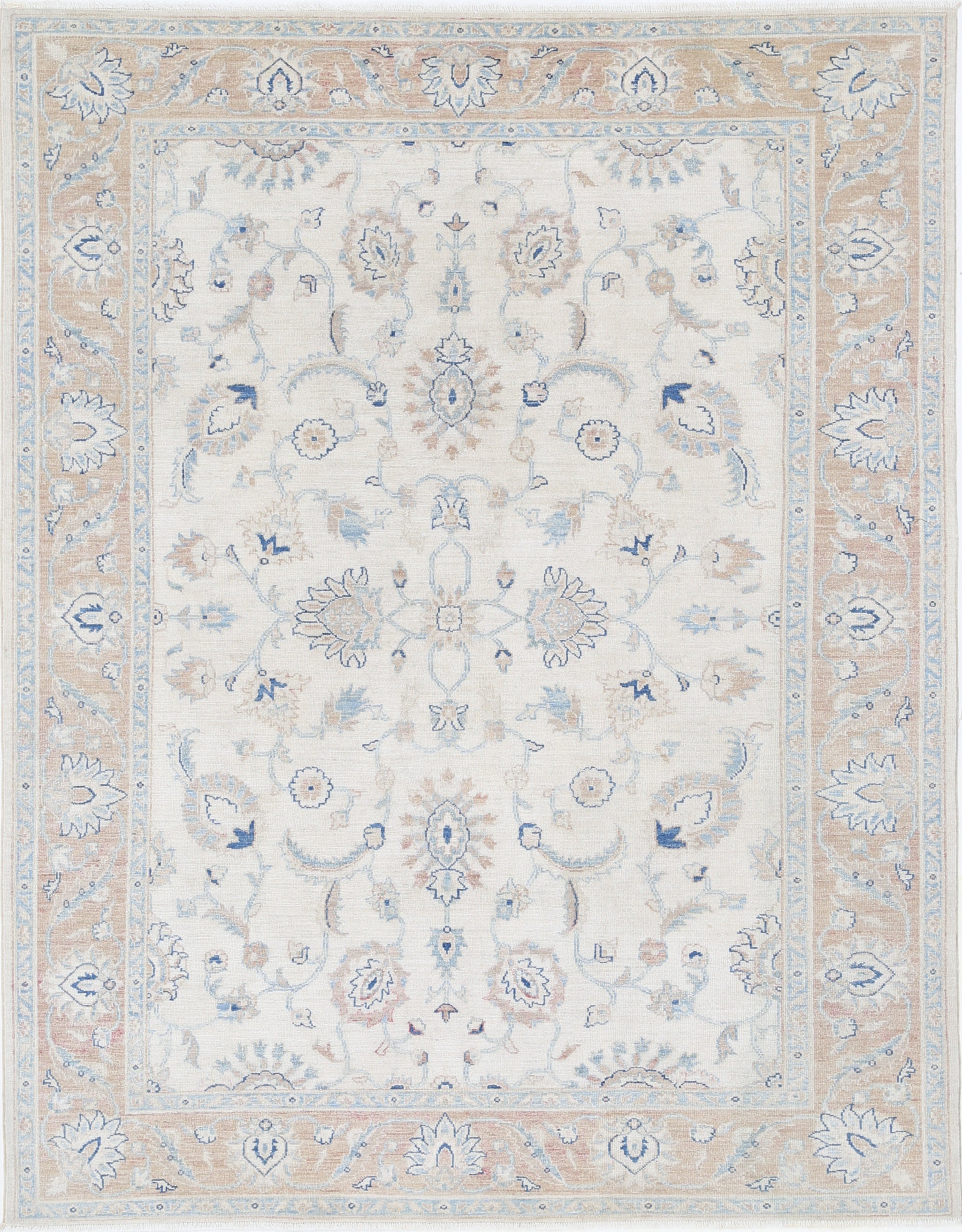 6.2x8 ft Hand Knotted Wool Rug with All-Over Floral Design. Beige Oushak Carpet For Sale