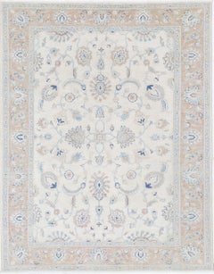 6.2x8 ft Hand Knotted Wool Rug with All-Over Floral Design. Beige Oushak Carpet