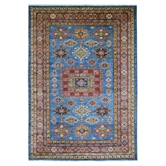 6'2 "x8'10" Blue Afghan Super Kazak Medallions Design Tappeto in lana morbida annodato a mano