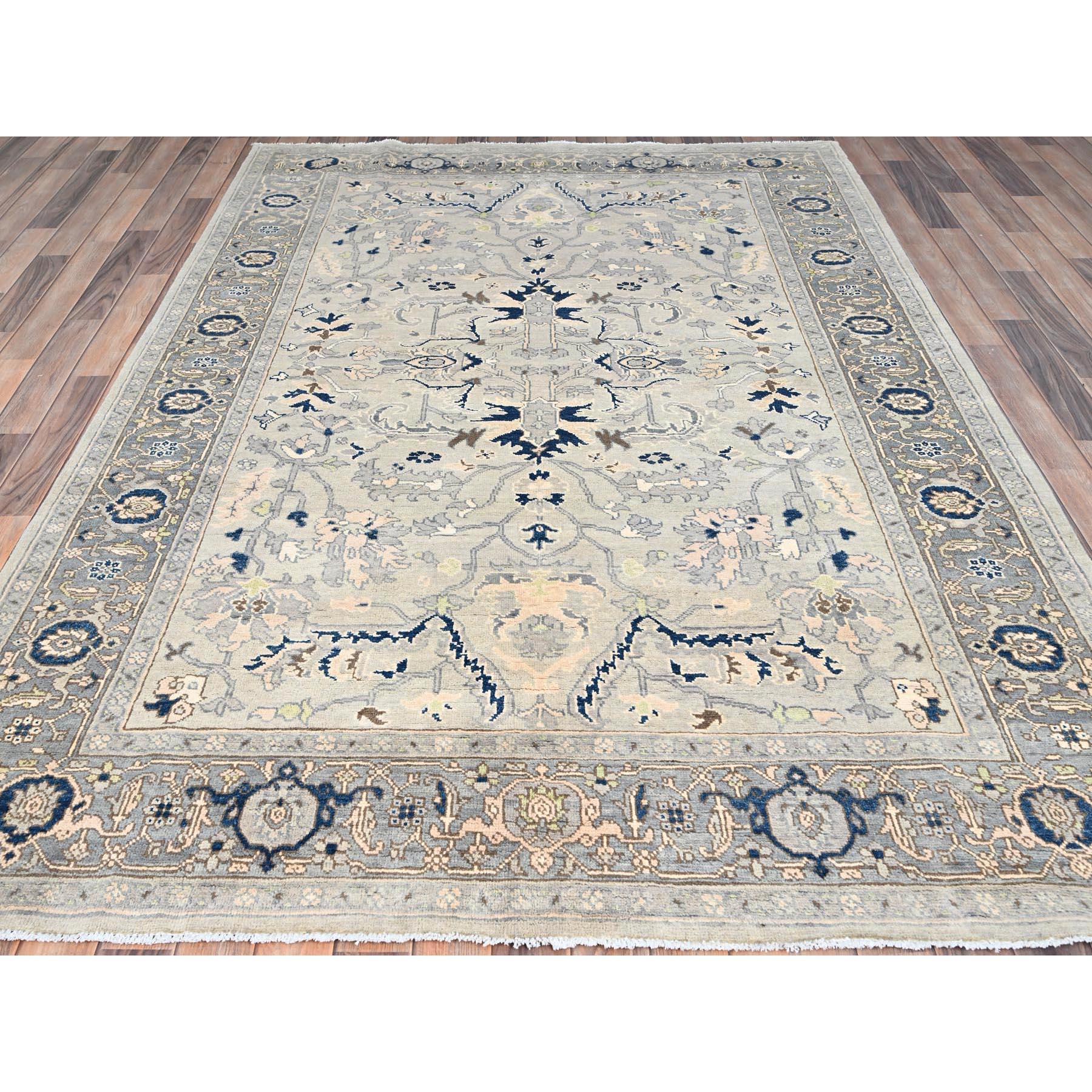 Gainsboro Grey, Afghan Peshawar with Serapi Heriz Design, Extra Soft Wool, Hand Knotted, Natural Dyes, Dense Weave, Oriental Rug
Primary materials: Wool
Latex: No Pile 
height: 0.25 Inches
Style: Traditional
Primary color: Grey
Secondary colors: