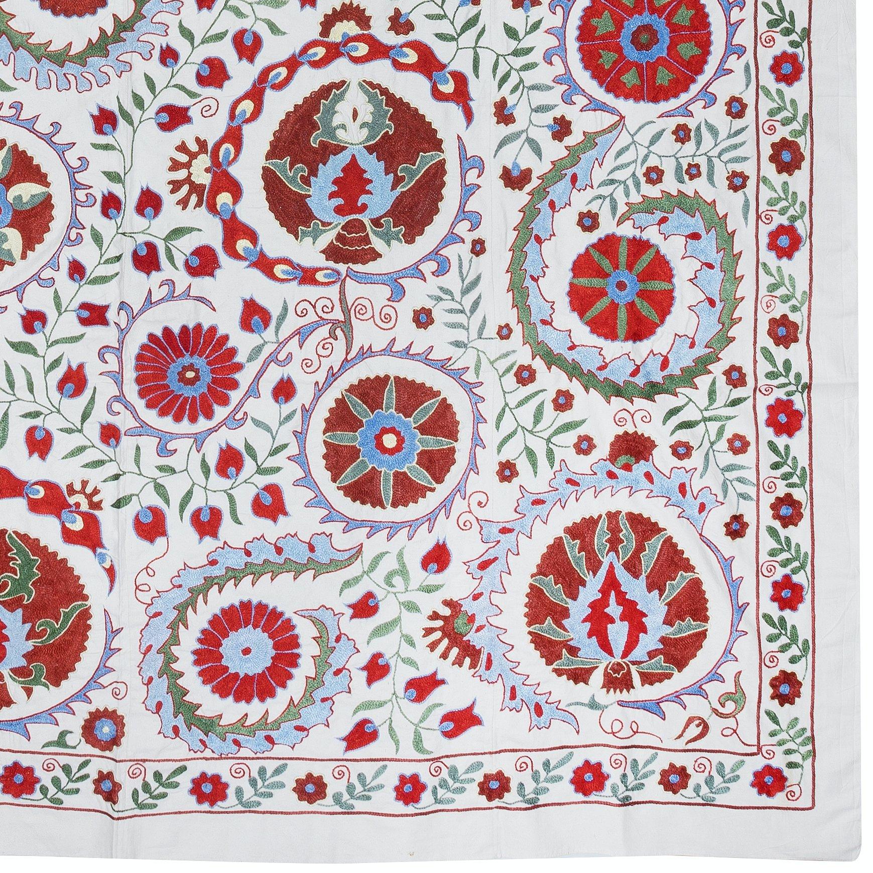 Uzbek 6.2x8.3 ft Crochet Fabric, Silk Embroidery Wall Hanging, Suzani Fabric Bedspread For Sale
