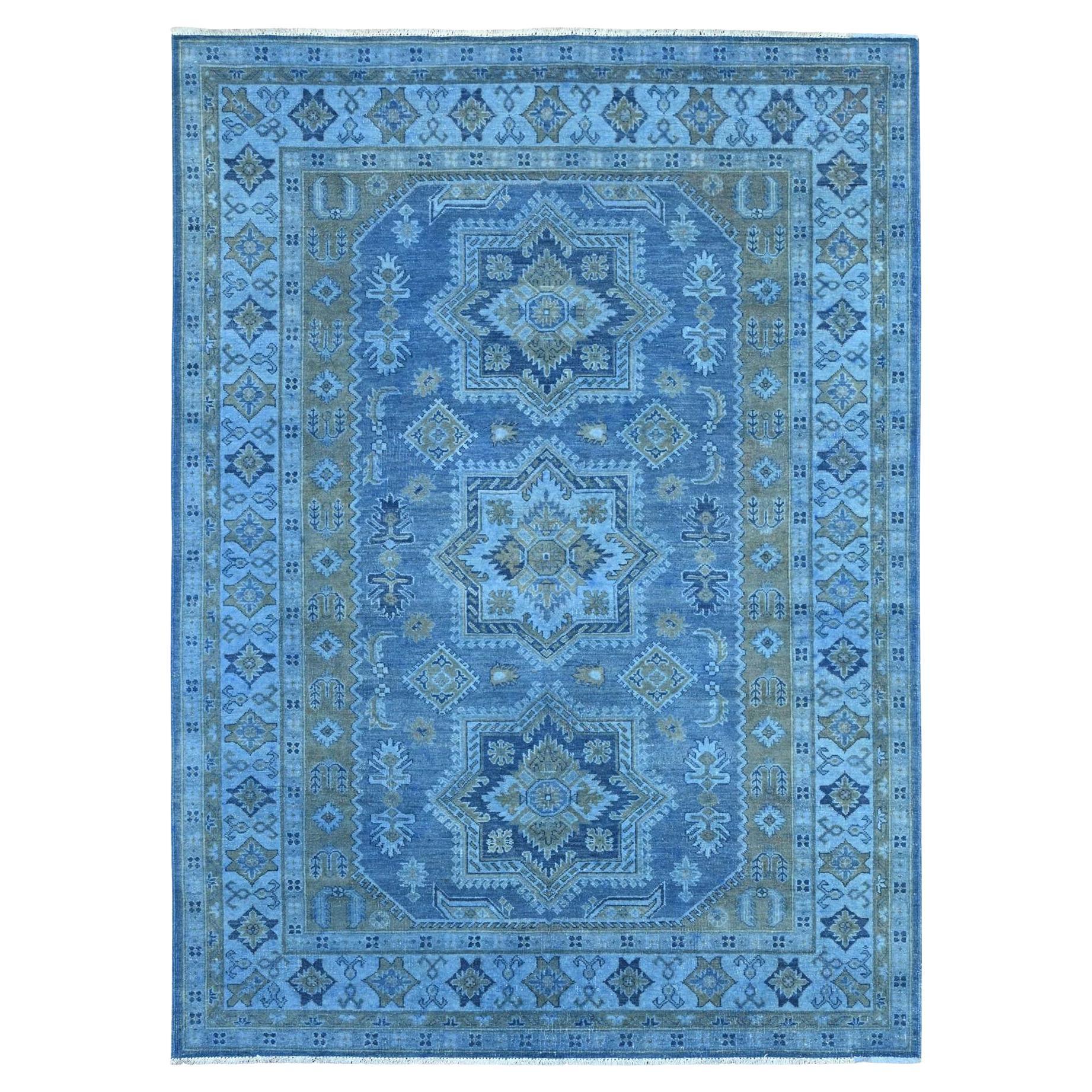 6'2"x8'5" Cerulean Blue Overdyed Kazak Medallion Design Hand Knotted Wool Rug