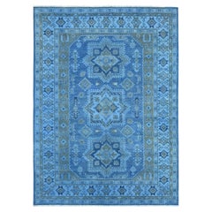 6'2 "x8'5" Alfombra de lana anudada a mano con diseño de medallón Kazak sobreteñido en azul cerúleo