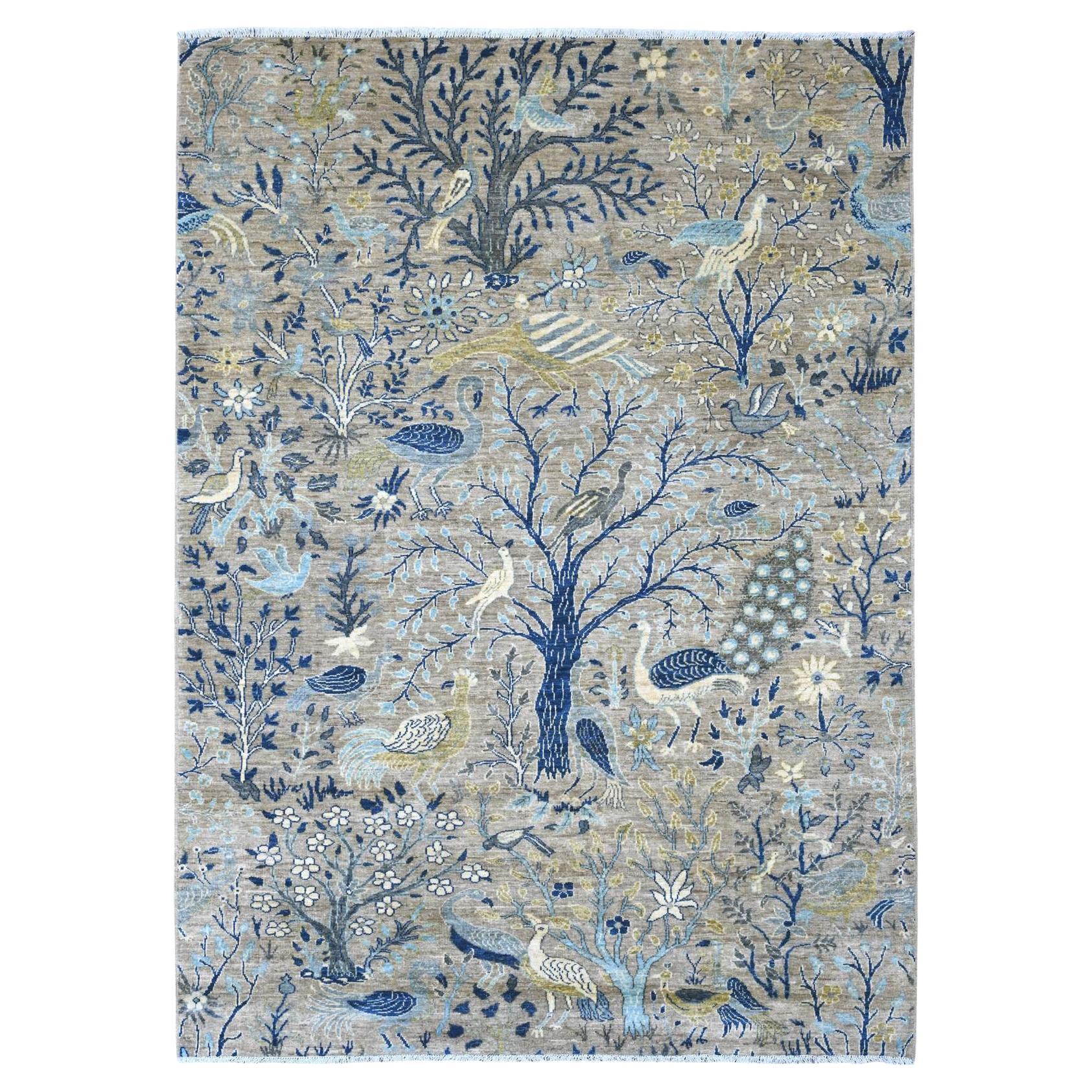 6'2"x8'6" Gray Peshawar Birds of Paradise Design Hand Knotted Wool Oriental Rug