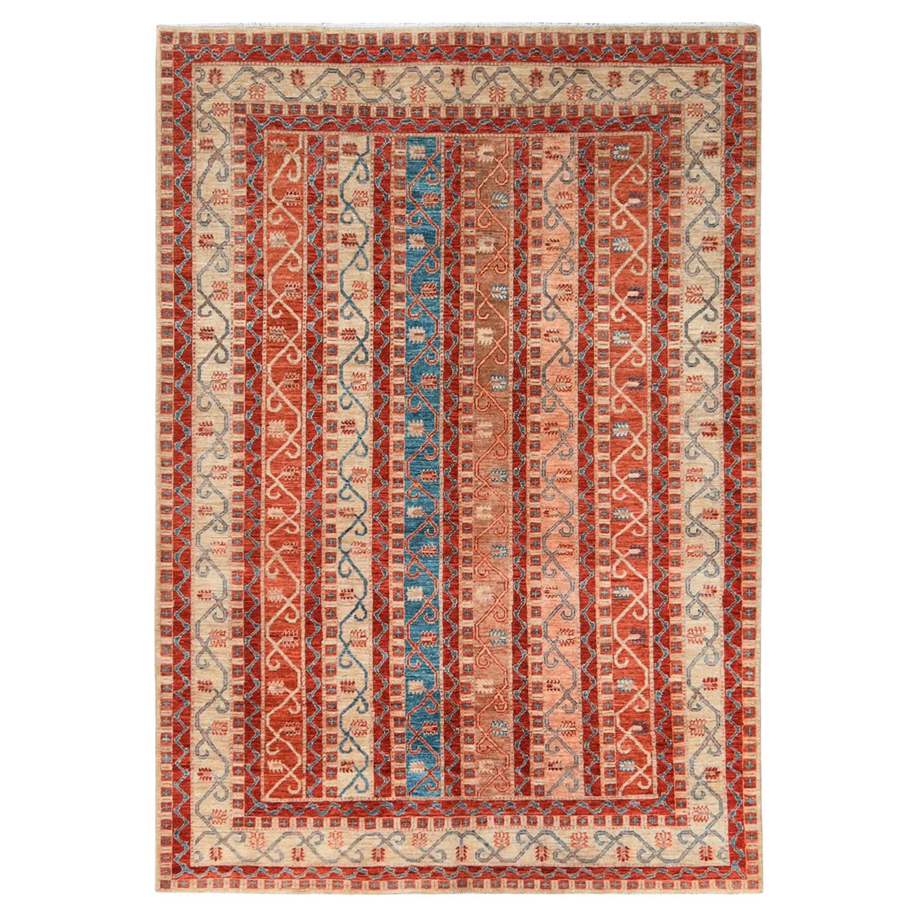 6'2"x8'8" Colorful Super Kazak with Shawl Design Hand Knotted Pure Wool Rug