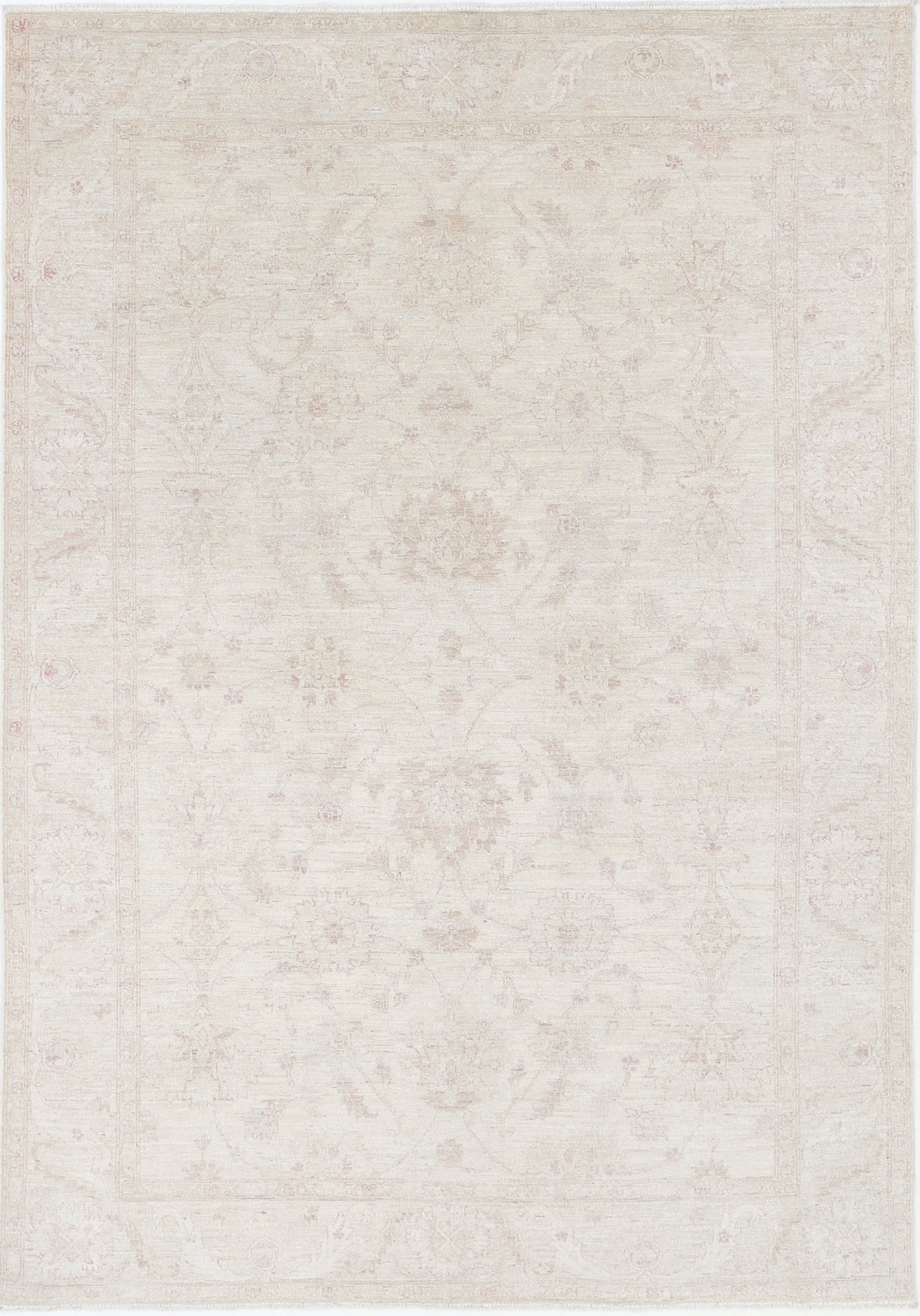 6.2x8.8 ft Hand Knotted Turkish Wool Rug with Floral Design. Beige Oushak Carpet