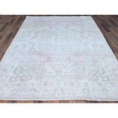 Alfombra oriental vintage de lana pura, tejida a mano, de 6'2" x 8'8", color marfil con toques rosas