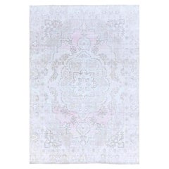 Alfombra oriental vintage de lana pura, tejida a mano, de 6'2" x 8'8", color marfil con toques rosas