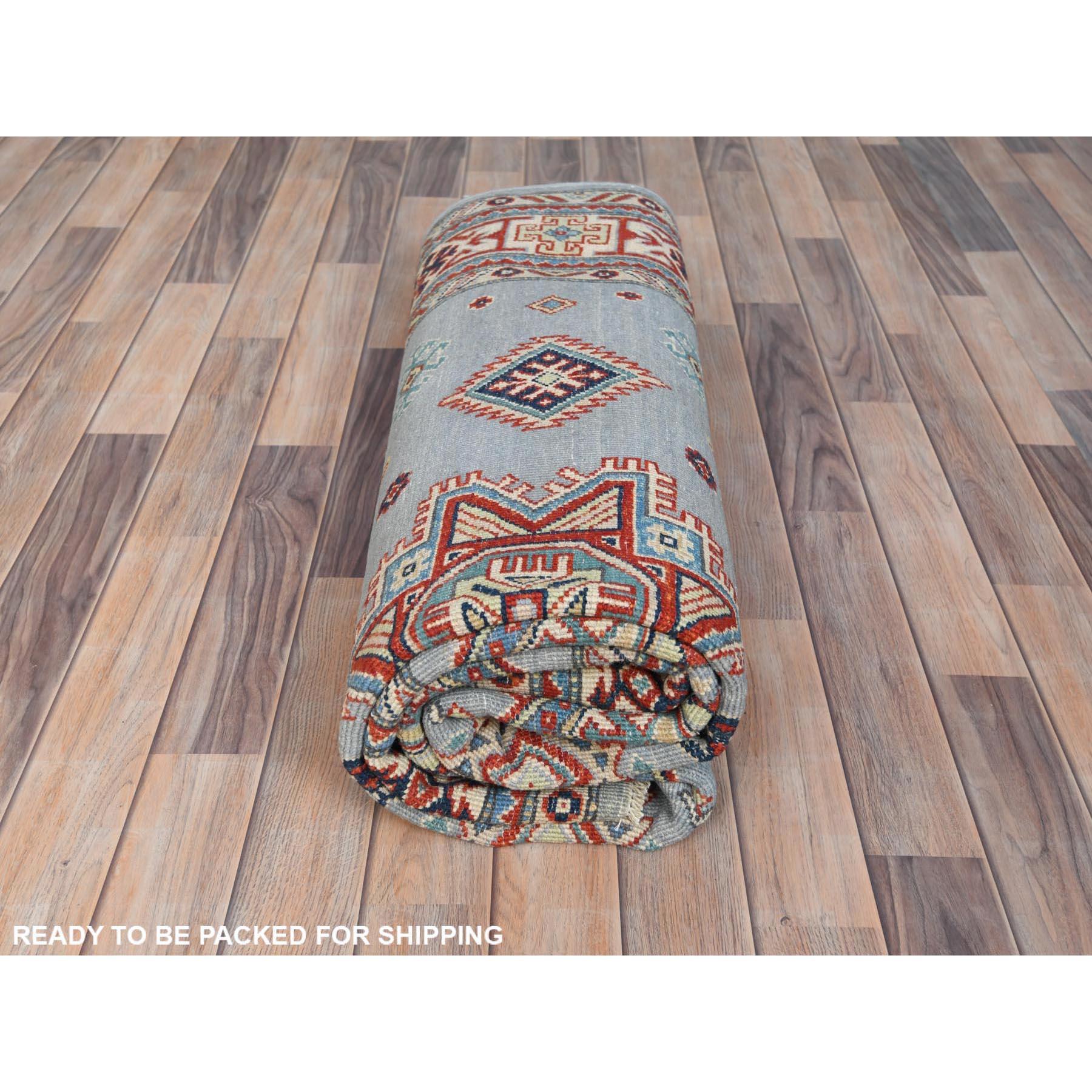 Alfombra de lana anudada a mano con diseño de medallón geométrico Kazak gris especial 6'2 