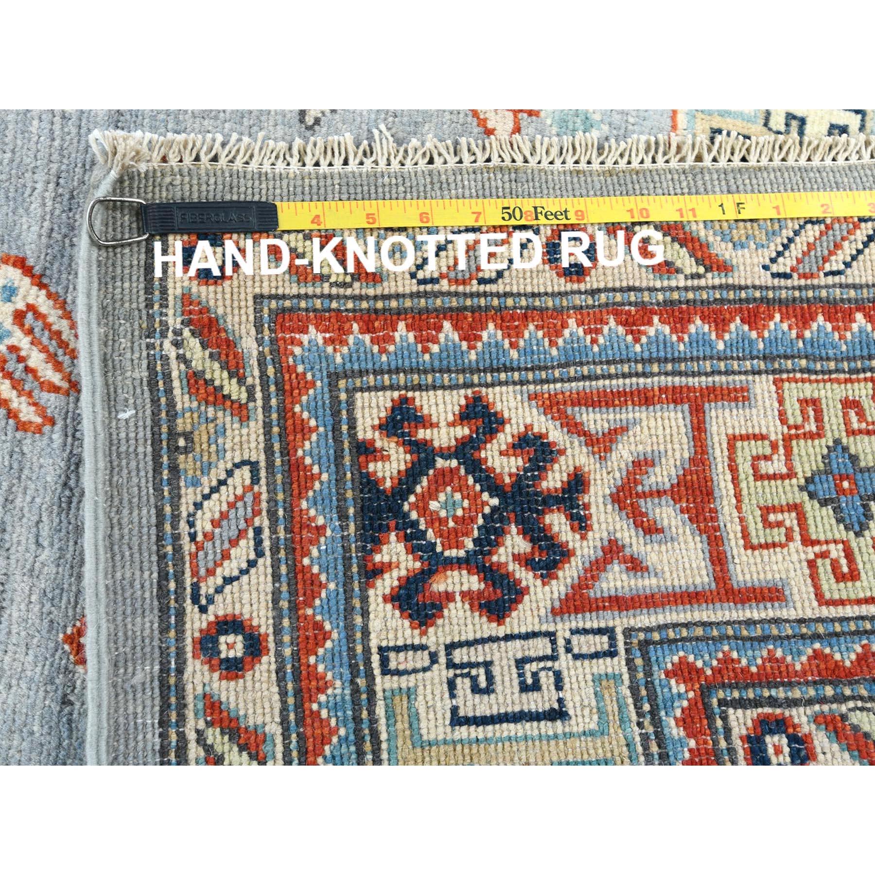 Alfombra de lana anudada a mano con diseño de medallón geométrico Kazak gris especial 6'2 