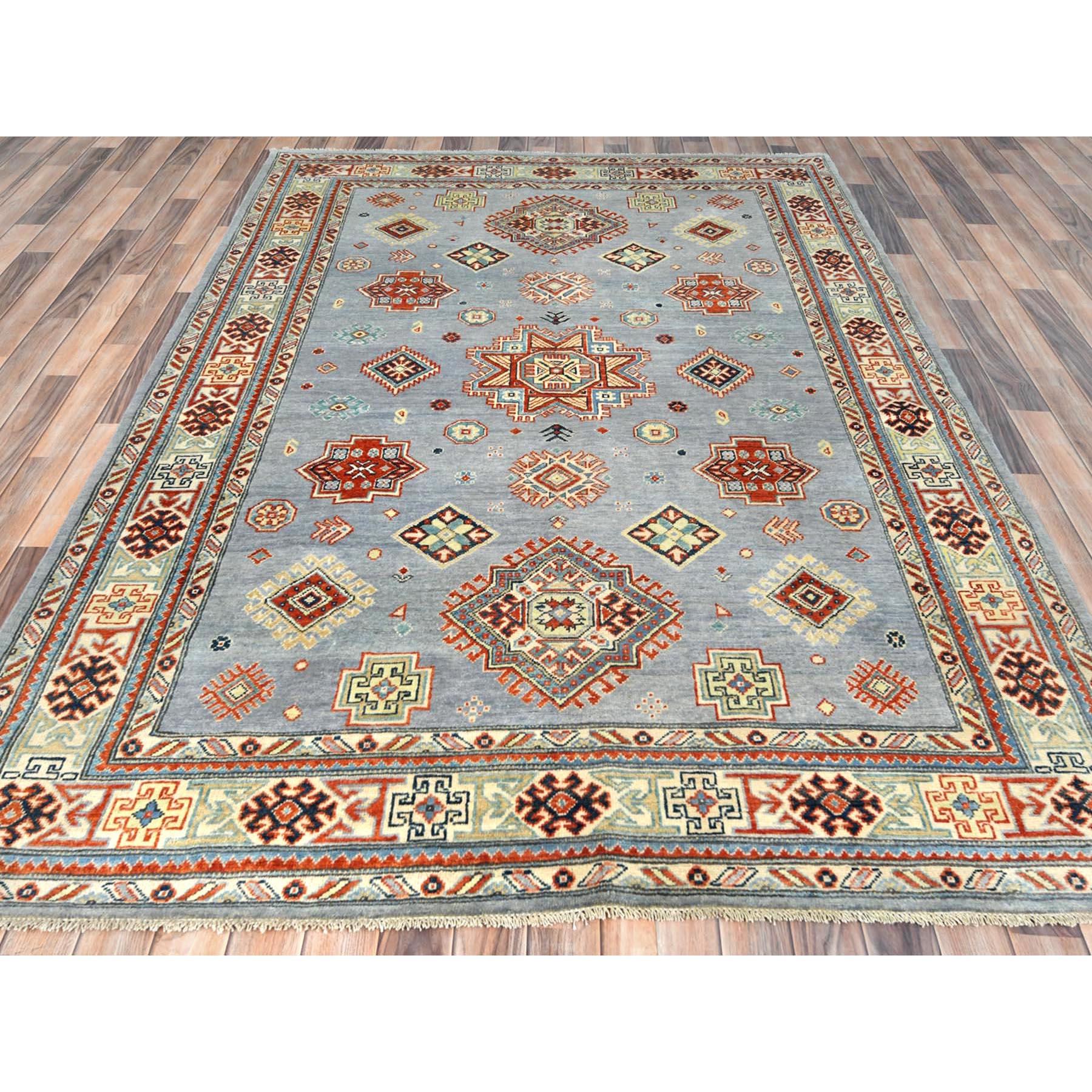 Alfombra de lana anudada a mano con diseño de medallón geométrico Kazak gris especial 6'2 
