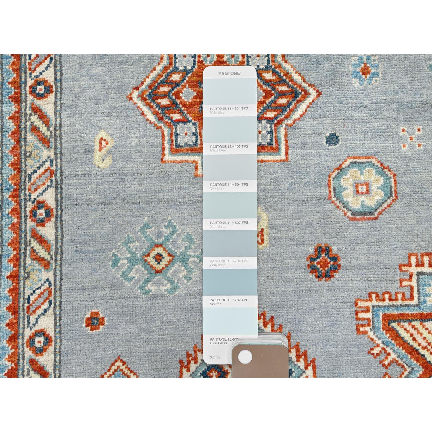 Alfombra de lana anudada a mano con diseño de medallón geométrico Kazak gris especial 6'2 