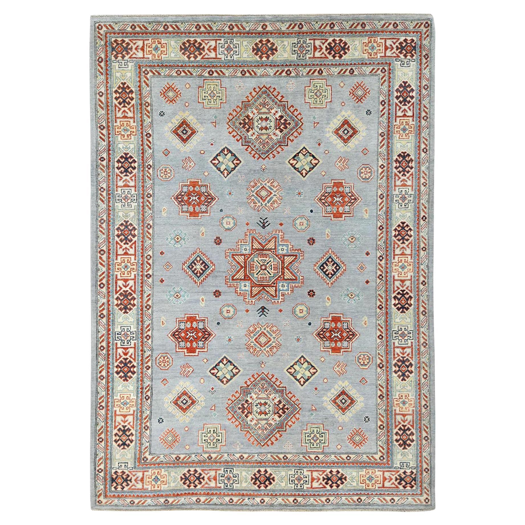 6'2"x8'9" Gray Special Kazak Geometric Medallion Design Hand Knotted Wool Rug