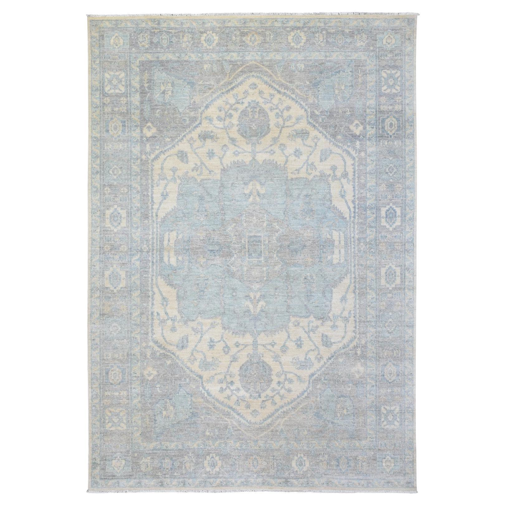 6'2"x8'9" Ivory, White Wash Peshawar Organic Wool Hand Knotted Rug For Sale