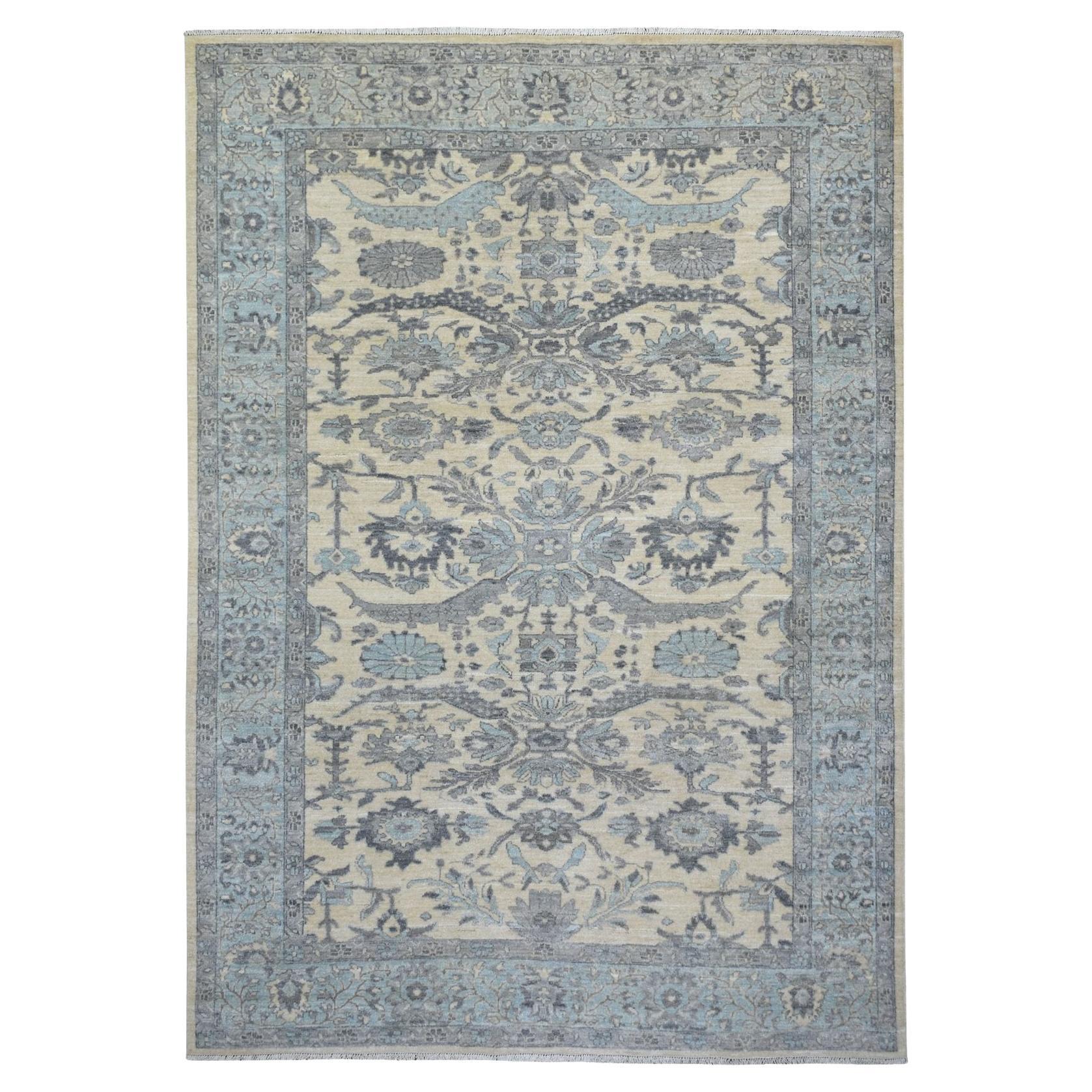 6'2"x8'9" Ivory Wool Natural Dyes Hand Knotted Fine Peshawar Heriz Design Rug