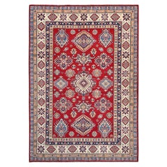 6
2 "x8
9" Roter, handgeknüpfter, dicht gewebter Kazak-Teppich aus glänzender Wolle, Orientteppich