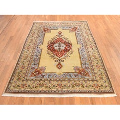 6'2"x8'9" Yellow Vintage Persian Tabriz Medallion Design Hand Knotted Wool Rug
