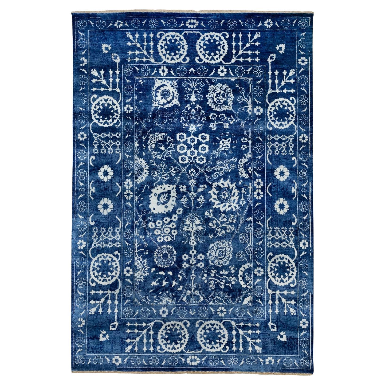 6'2"x9' Blue Hand Knotted Tone On Tone Tabriz Wool and Silk Oriental Rug