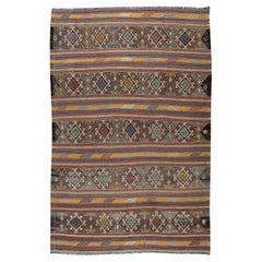6.2x9 Ft Flat-Weave Retro Turkish Wool Kilim Rug, Hand-Woven Floor Covering