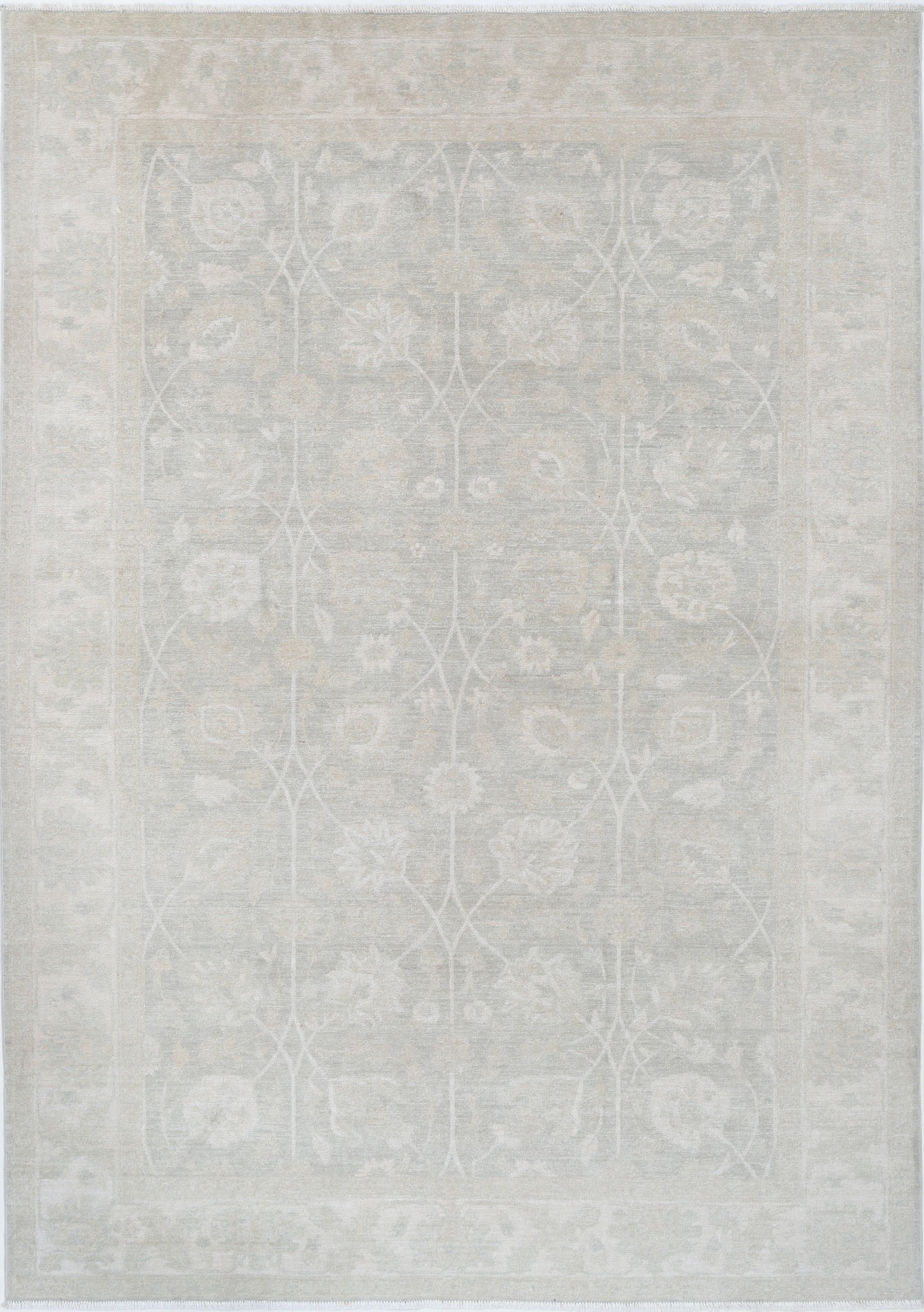 6.2x9 ft Hand Knotted Beige Turkish Oushak Wool Area Rug with Floral Design