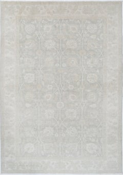 6.2x9 ft Hand Knotted Beige Turkish Oushak Wool Area Rug with Floral Design