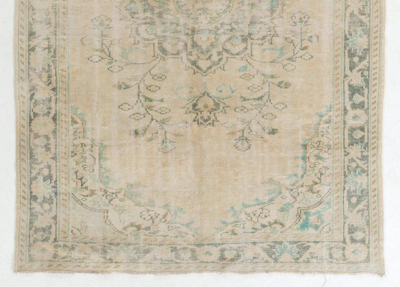 Oushak 6.2x9 Ft Mid Century Handmade Turkish Wool Area Rug in Green and Beige For Sale