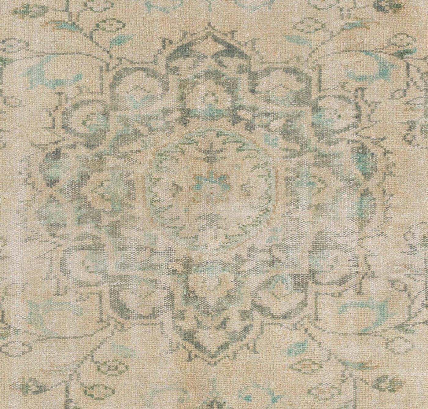 Hand-Woven 6.2x9 Ft Mid Century Handmade Turkish Wool Area Rug in Green and Beige For Sale