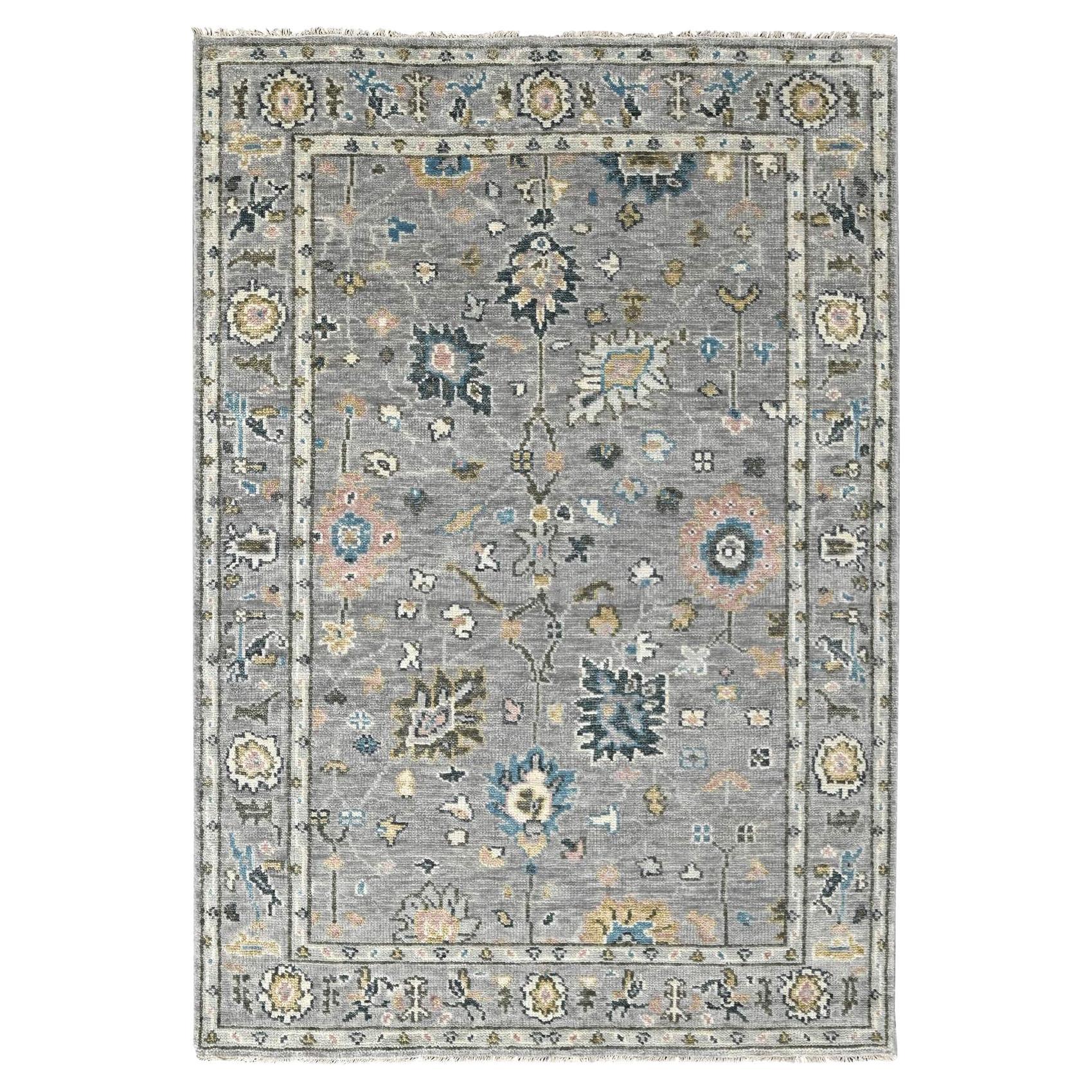 6
2"x9
 Gray with Pop of Color Oushak Design Soft Wool Hand Knotted Rug For Sale
