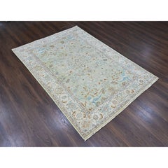 6'2"x9' Green Oushak with Floral Motifs Hand Knotted Pure Wool Oriental Rug