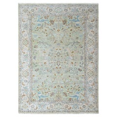 6'2"x9' Green Oushak with Floral Motifs Hand Knotted Pure Wool Oriental Rug
