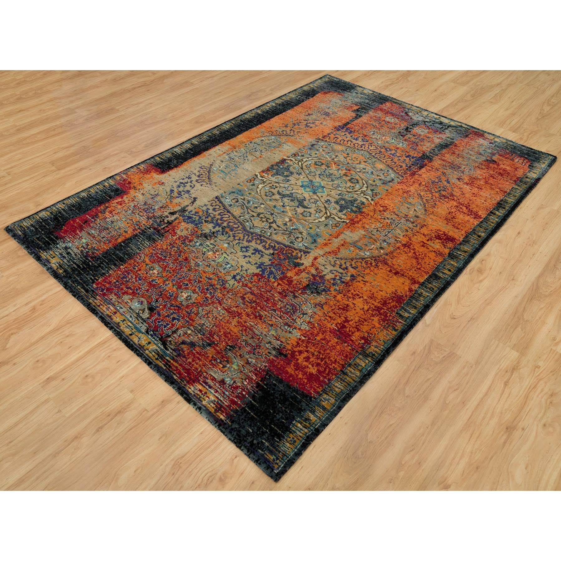 Moderne Tapis rouge Ghazni en laine noué à la main avec motif ottoman effilé de 6'2
