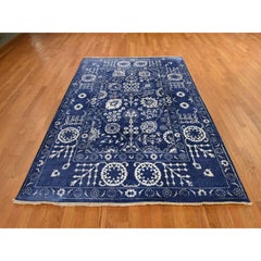 6'2"x9' Yale Blue Tabriz with All Over Design Hand Knotted Wool and Silk Rug