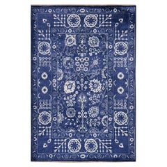 6'2"x9' Yale Blue Tabriz with All Over Design Hand Knotted Wool and Silk Rug