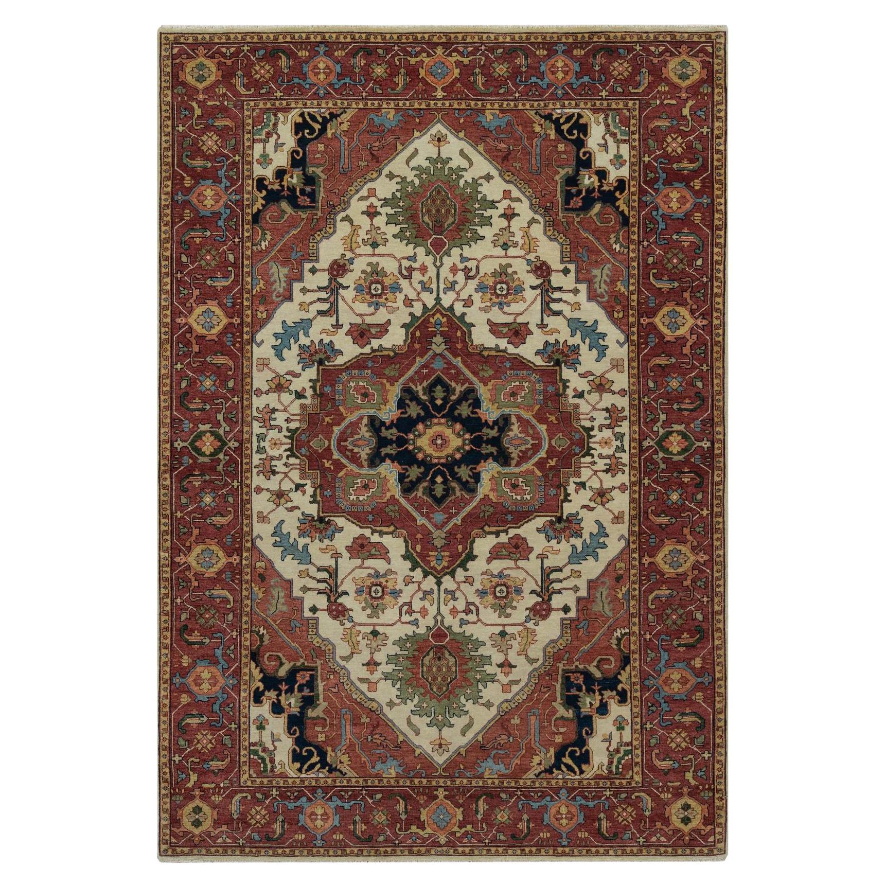 6'2 "x9'1" Ivoire Antiquité Fine Heriz Re-Creation Tapis oriental en laine noué à la main en vente