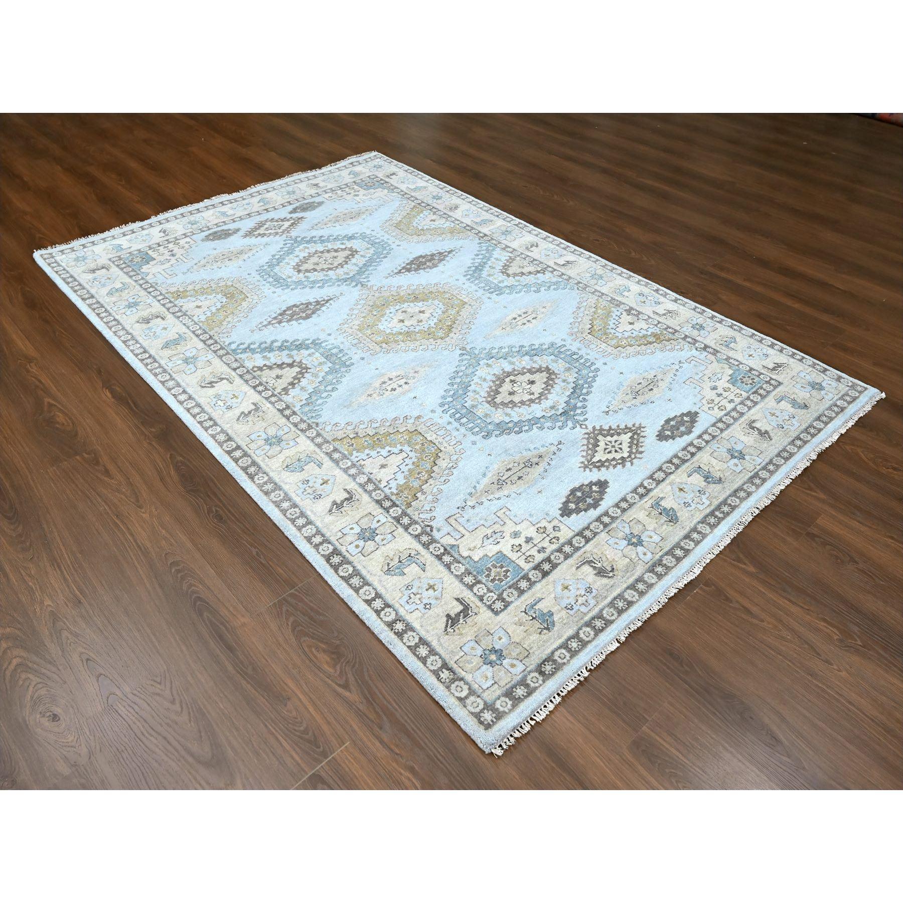 Pastel Gray with Gold, Persian Village Inspired Geometric Elements Design, Pure Wool, Vegetable Dyes, Densely Woven, Hand Knotted, Oriental Rug
Primary materials: Wool
Latex: No Pile 
height: 0.25 Inches
Style: Traditional
Primary color: