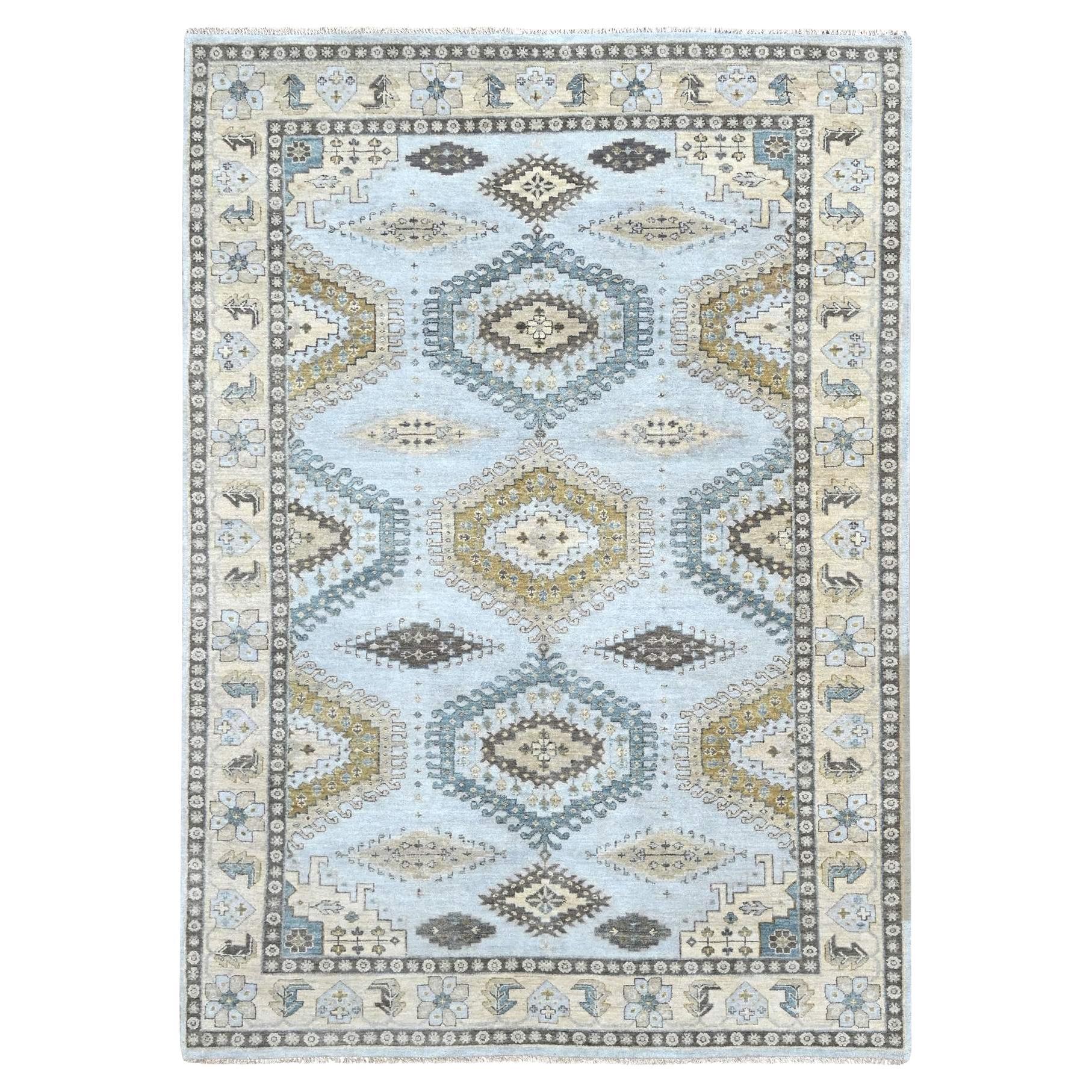6'2"x9'1" Pastel Gray Persian Village Inspired Hand Knotted Pure Wool Rug
