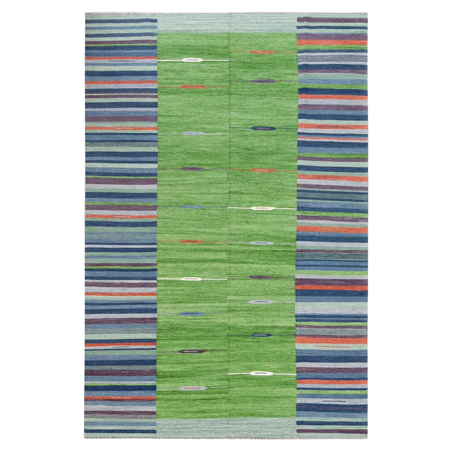 Rug & Kilim 6'2 "x9'2" a trama piatta con design a strisce pure in lana intrecciata a mano e reversibile