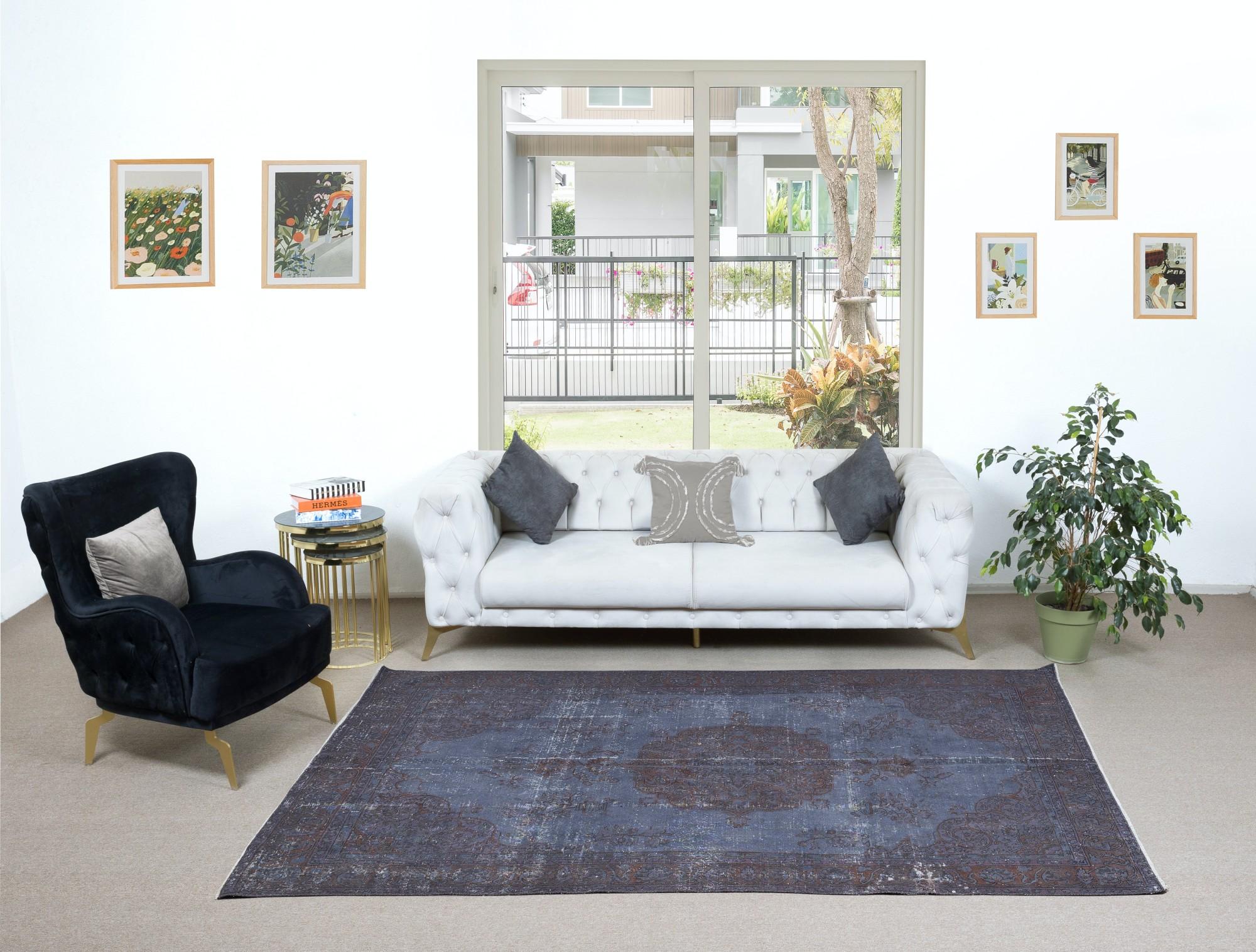 20th Century 6.2x9.2 Ft Handmade Modern Blue Turkish Rug, Vintage Living Room Decor Carpet For Sale