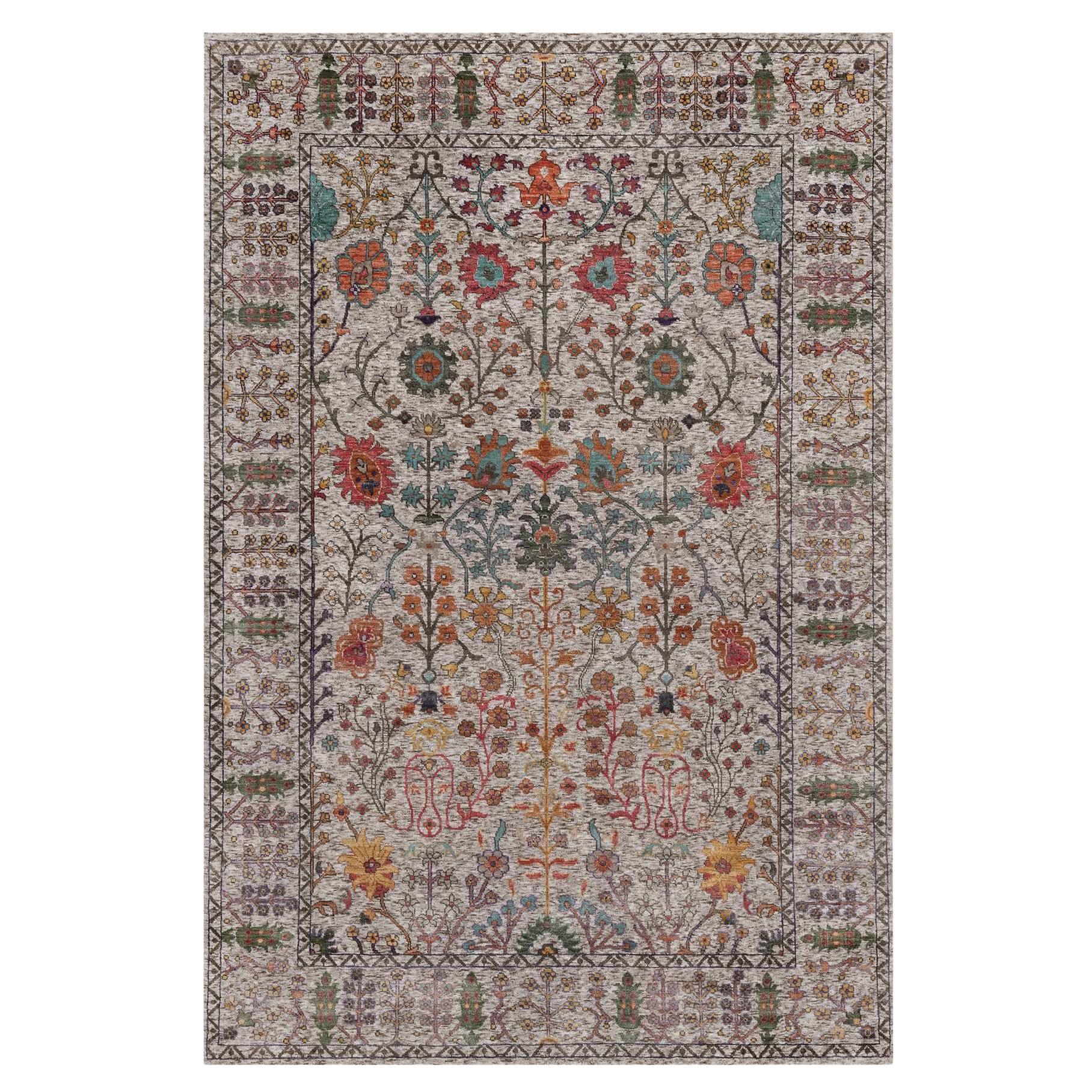 Alfombra anudada a mano de seda con lana texturizada y diseño de jarrón direccional marfil de 6
2 "x9
2