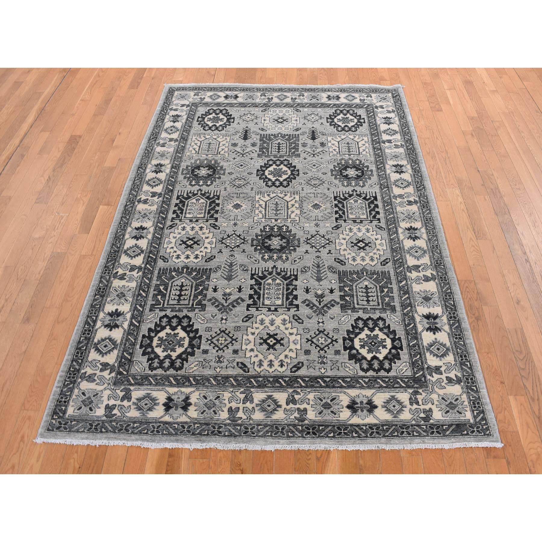 Medium Gray, Pure Wool, Hand Knotted, Peshawar with Karajeh Design, Oriental Rug
Primary materials: Wool
Latex: No Pile 
height: 0.25 Inches
Style: Traditional
Primary color: Grey
Secondary colors: Cream Color, Black
Pattern: Oriental