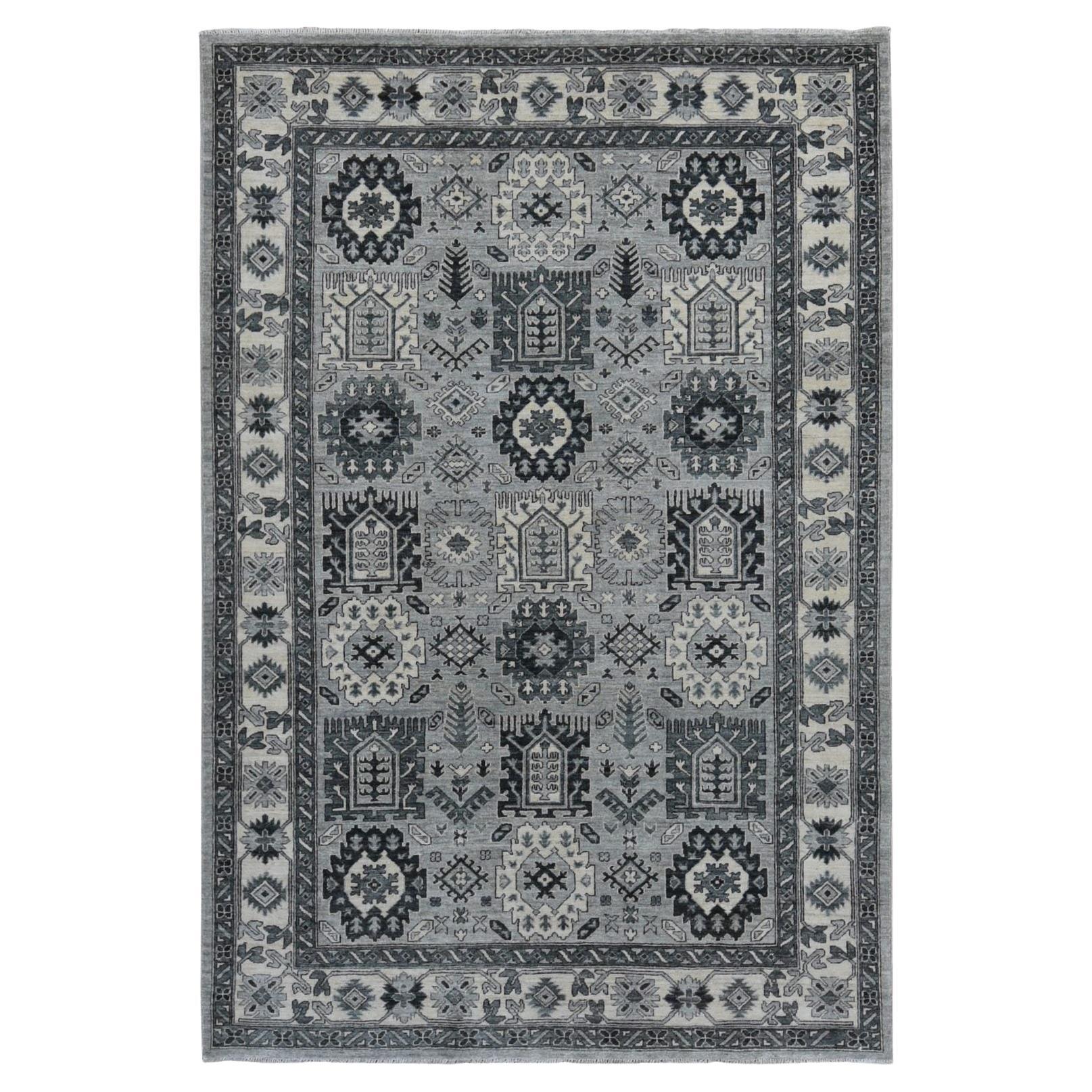 6'2"x9'2" Medium Gray, Pure Wool, Hand Knotted, Peshawar with Karajeh Design Rug