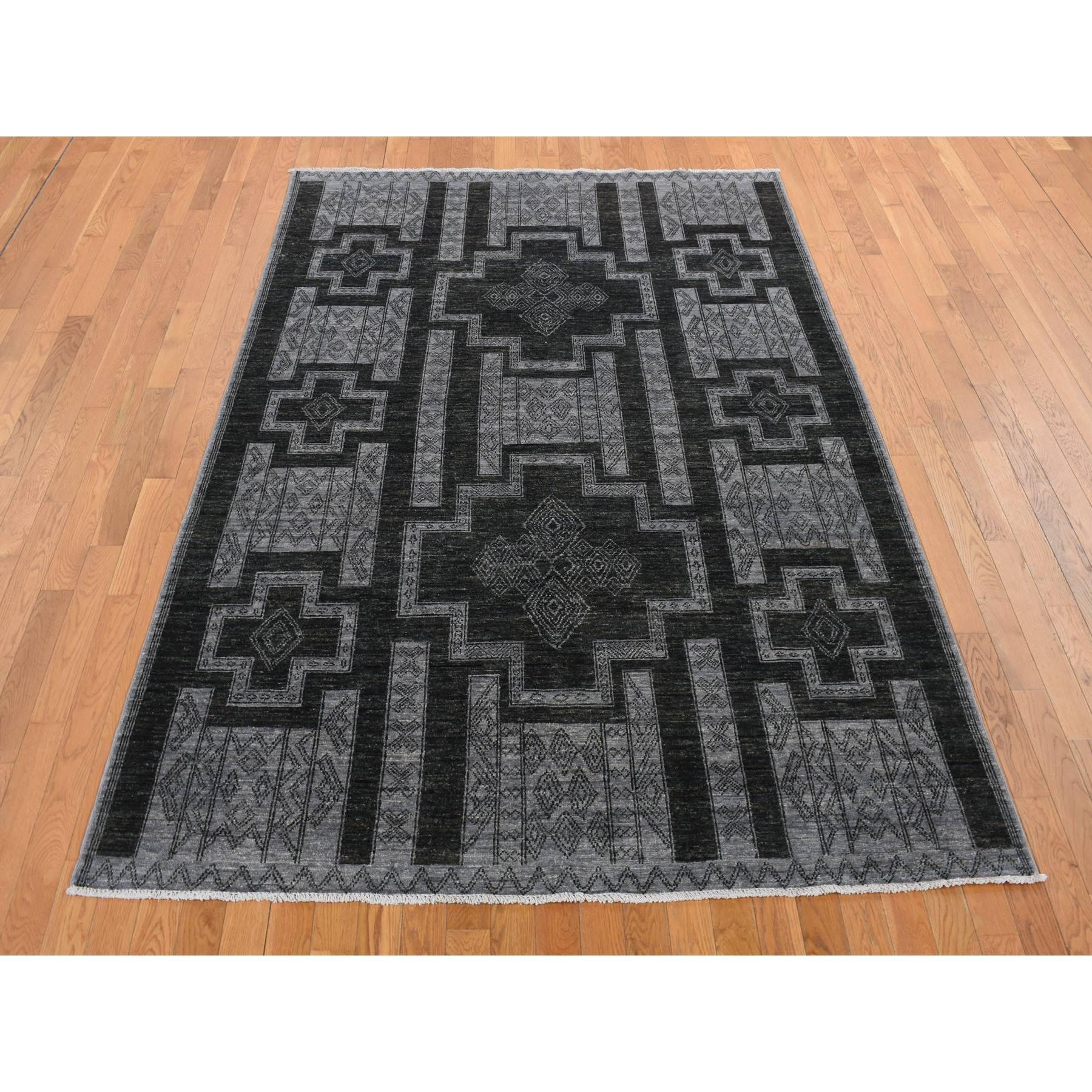 Nickel Gray, Pure Wool, Peshawar with Intricate Geometric Motifs, Hand Knotted, Oriental Rug
Primary materials: Wool
Latex: No Pile 
height: 0.25 Inches
Style: Traditional
Primary color: Grey
Secondary colors: Black
Pattern: Oriental