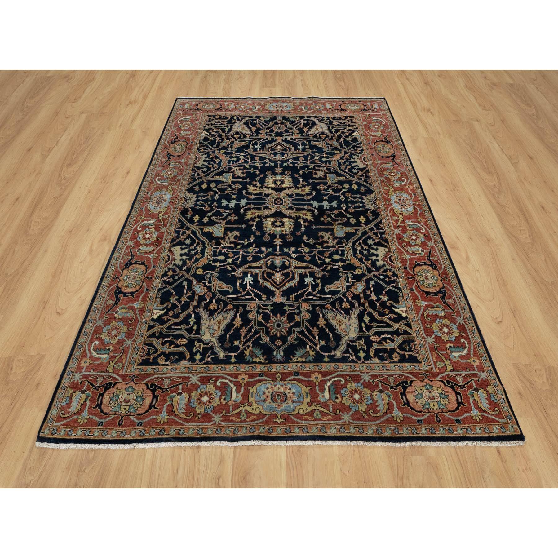 Polo Blue, All Over Vines Design, Lush and Plush, Organic Wool, Densely Woven, Antiqued Fine Heriz, Re-Creation, Hand Knotted Oriental Rug
Primary materials: Wool
Latex: No Pile 
height: 0.25 Inches
Style: Traditional
Primary color: Blue
Secondary