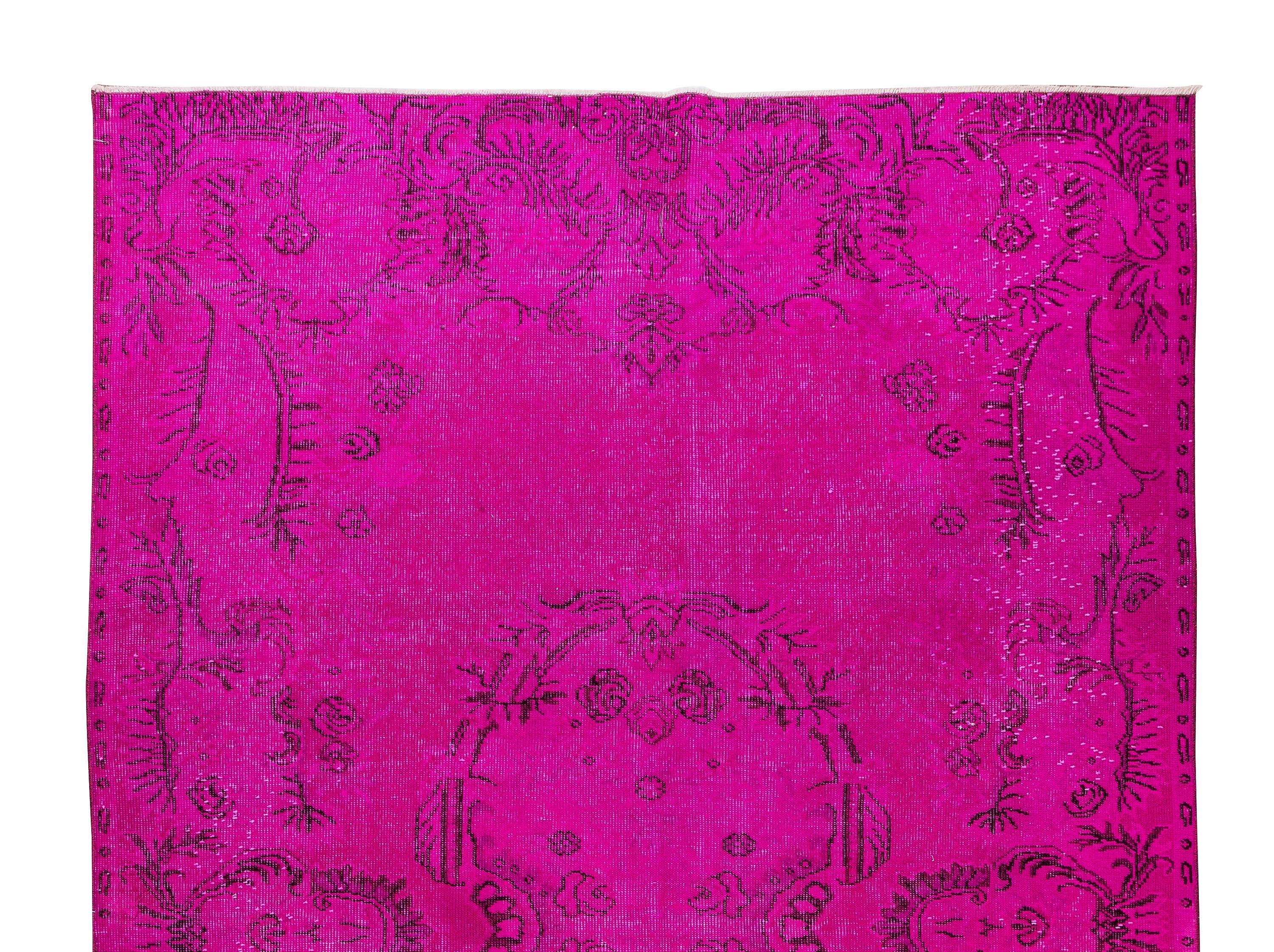 Turkish French Aubusson Inspired Vintage Handmade Rug Over-Dyed in Hot Pink For Sale