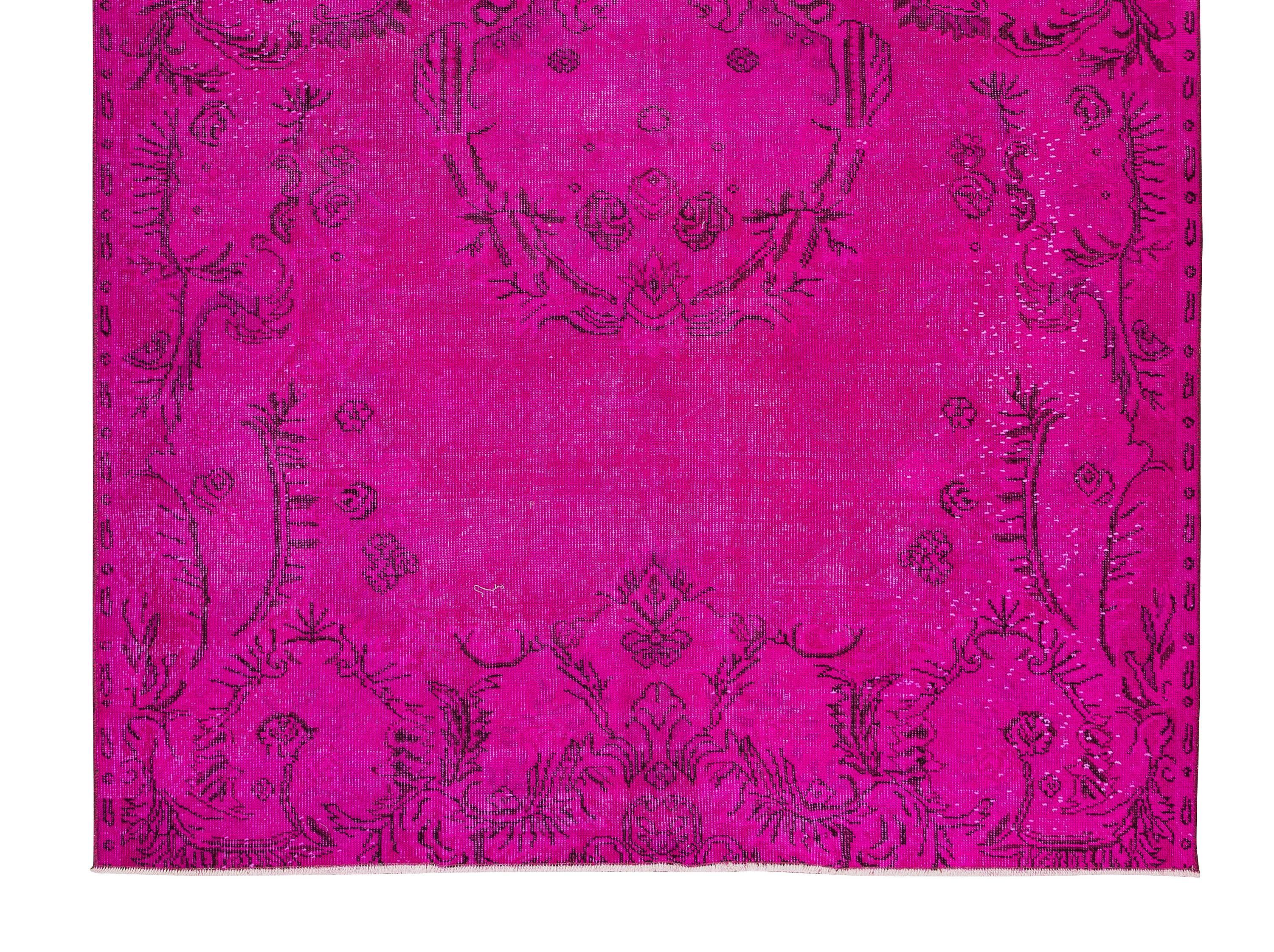 Hand-Knotted French Aubusson Inspired Vintage Handmade Rug Over-Dyed in Hot Pink For Sale