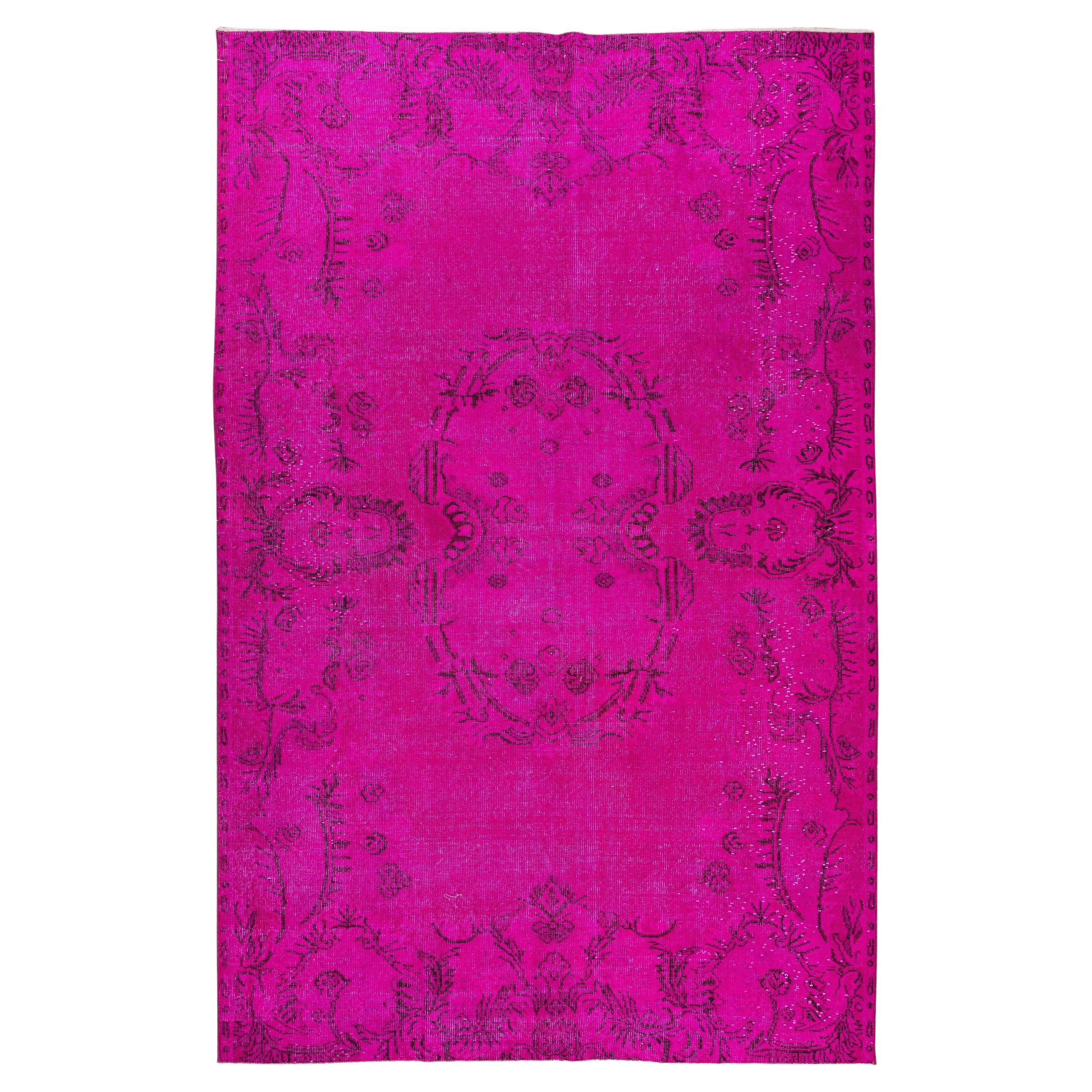 French Aubusson Inspired Vintage Handmade Rug Over-Dyed in Hot Pink