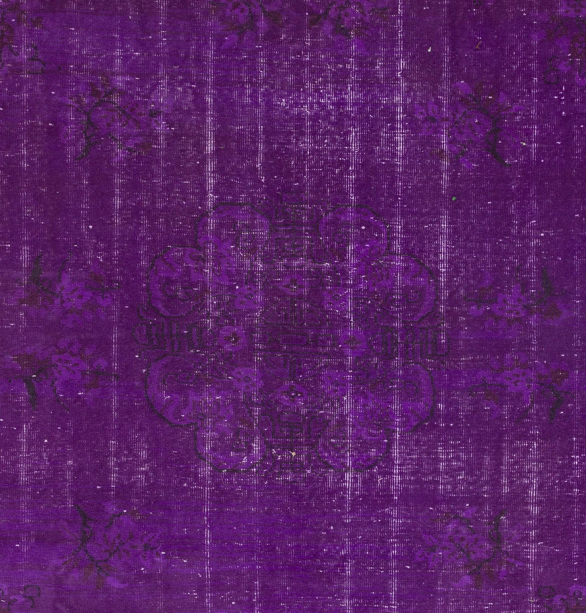 Hand-Knotted 6.2x9.4 Ft Vintage Art Deco Rug Over-Dyed in Purple, Ideal for Modern Interiors For Sale