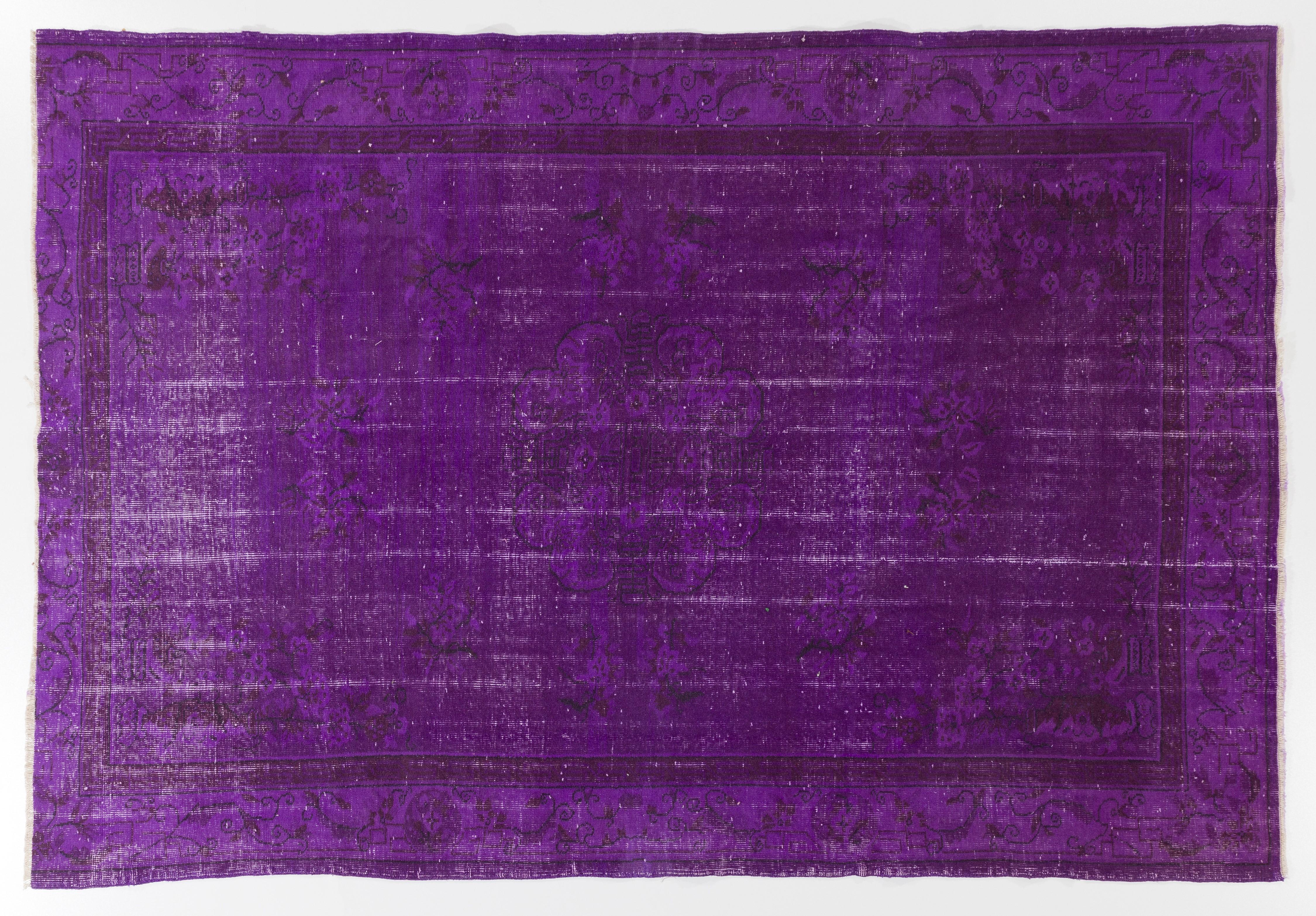 Noué à la main Tapis Art Déco vintage 6,2x9,4 Ft teinté à la chaux en violet, idéal pour les intérieurs modernes en vente