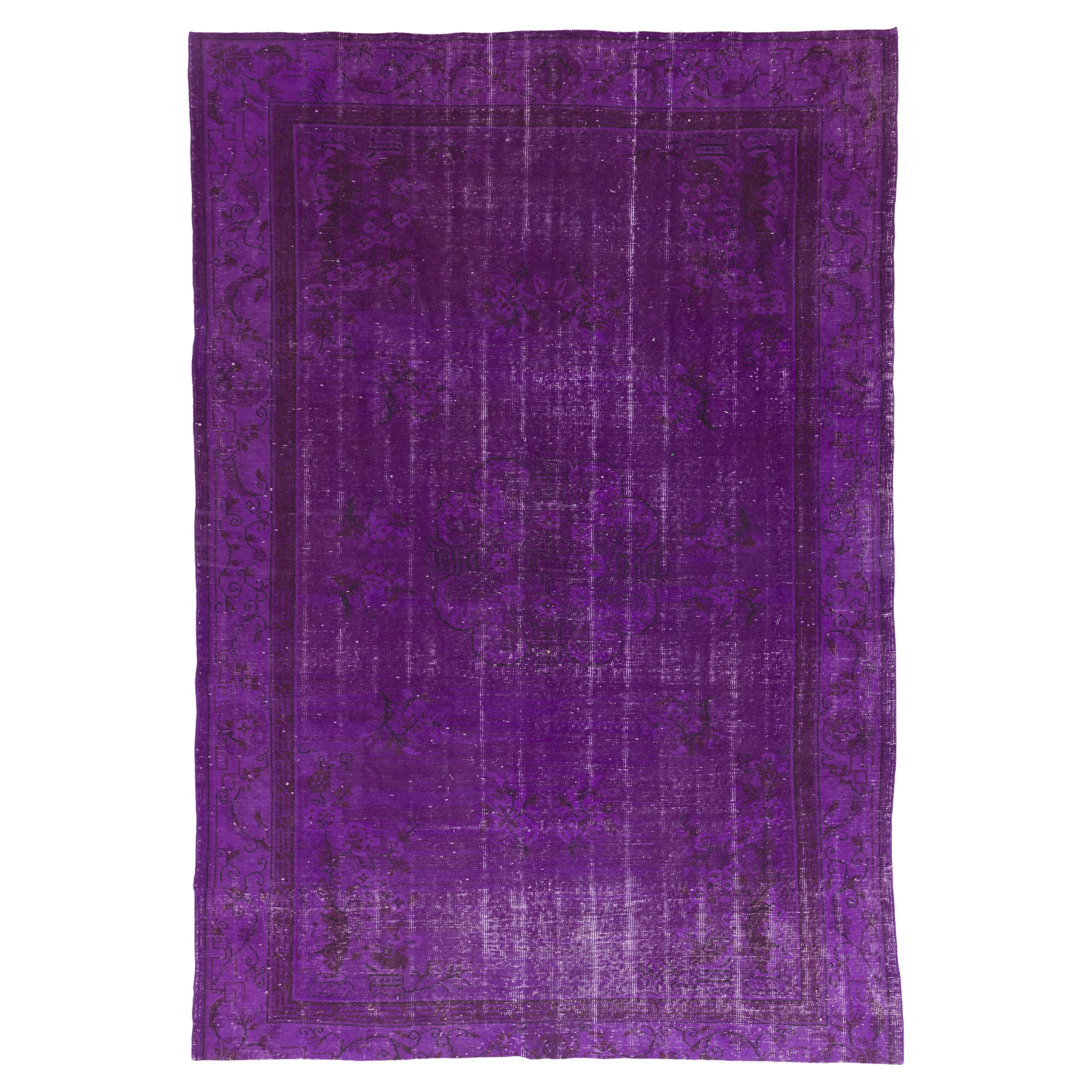 6.2x9.4 Ft Vintage Art Deco Rug Over-Dyed in Purple, Ideal for Modern Interiors For Sale