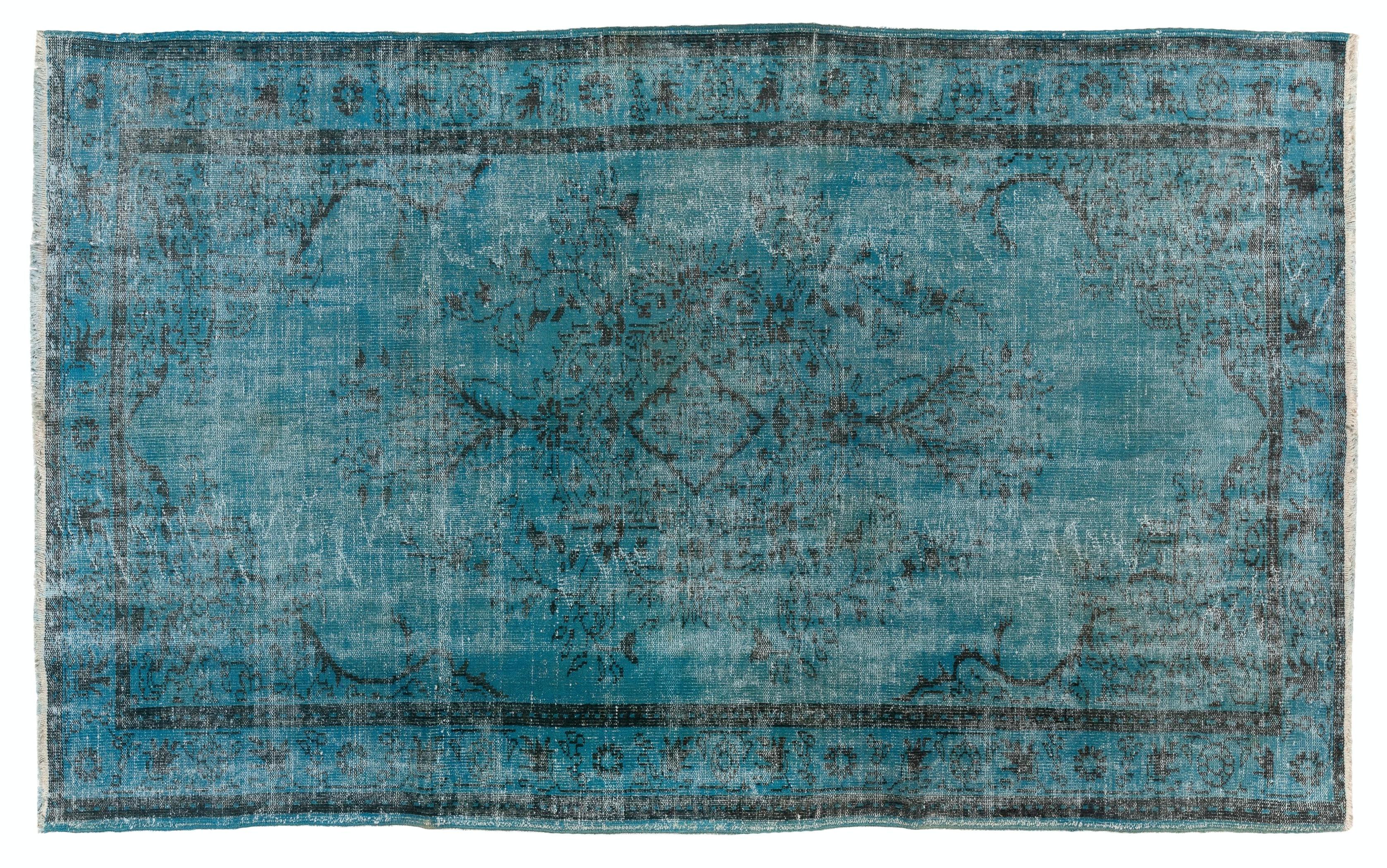 Mid-20th Century 6.2x9.5 Ft Distressed Vintage Handmade Rug Over-Dyed Light Blue for Modern Homes